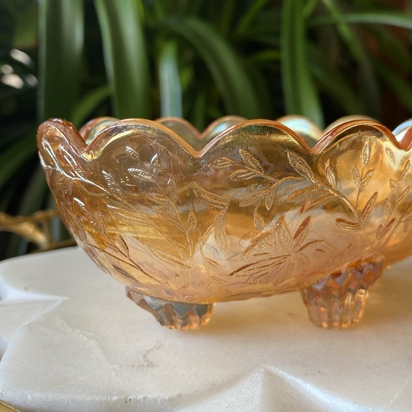 1950’s Jeannette Floragold Marigold Iridescent Carnival Glass Vintage Candy Dish - Picture 4 of 11